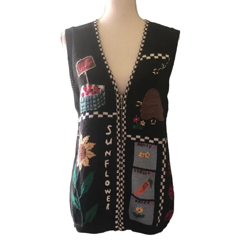 Vintage CAPACITY Sz M Women's Black Spring/Summer Theme Bees Zip Up Sweater Vest